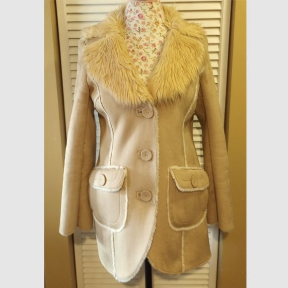 POWWOW Jackets & Blazers - Vintage POWWOW Women's Faux Suede Coat, Faux Fur Trim, Sherpa Lining, Size M
